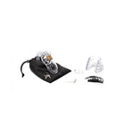 CB-X CB-3000 Clear Male Chastity Cage with lock, key, and accessories in a drawstring pouch.