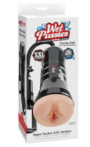 PDX Extreme Wet Pussies Super Sucker XXL Stroker Pussy Light packaging showcasing suction technology and self-lubricating feature.