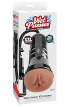 PDX Extreme Wet Pussies Super Sucker XXL Stroker Pussy packaging showcasing design and features of the product.
