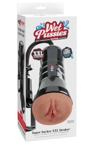 PDX Extreme Wet Pussies Super Sucker XXL Stroker Pussy packaging showcasing design and features of the product.