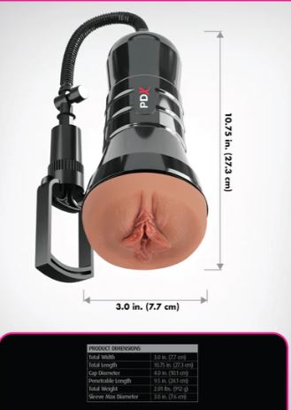PDX Extreme Wet Pussies Super Sucker XXL Stroker Pussy with suction hose and product dimensions