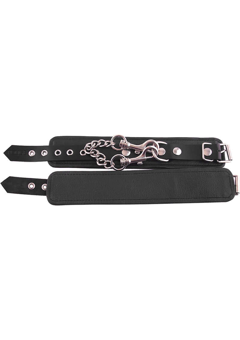 Rouge Plain Leather Adjustable Wrist Cuffs Black with removable chain and D-ring attachments.