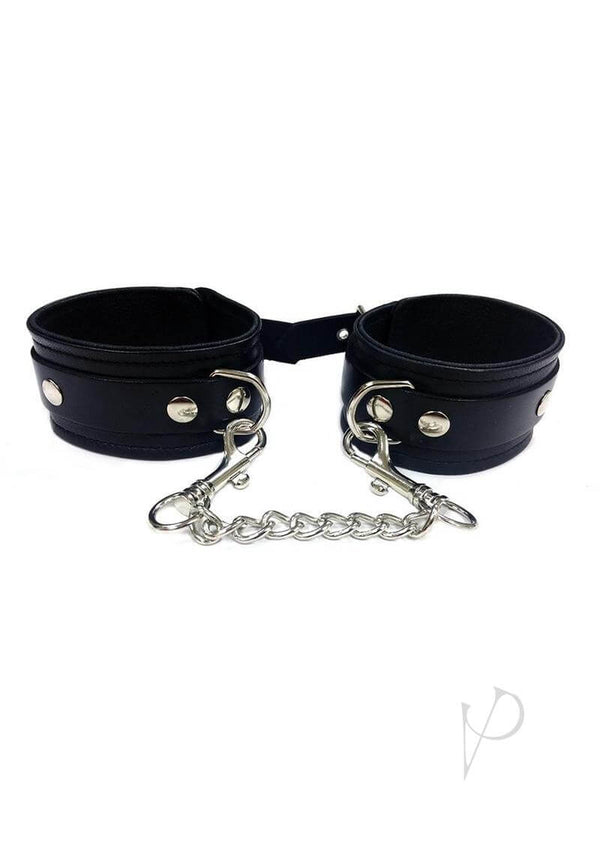 Rouge Plain Leather Adjustable Wrist Cuffs Black with removable chain and D-ring attachments.