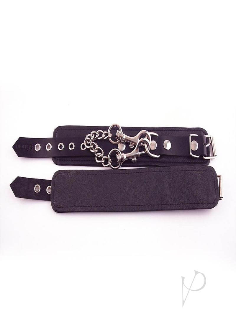 Rouge Plain Leather Adjustable Wrist Cuffs Black with removable chain and D-ring for versatile restraints.