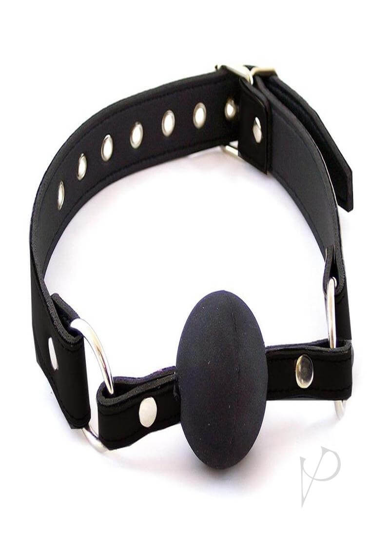 Rouge Fetish Play Leather Adjustable Ball Gag Black with rubber ball detail and adjustable strap.