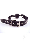 Rouge Fetish Play Leather Adjustable Ball Gag Black with rubber ball and adjustable strap.