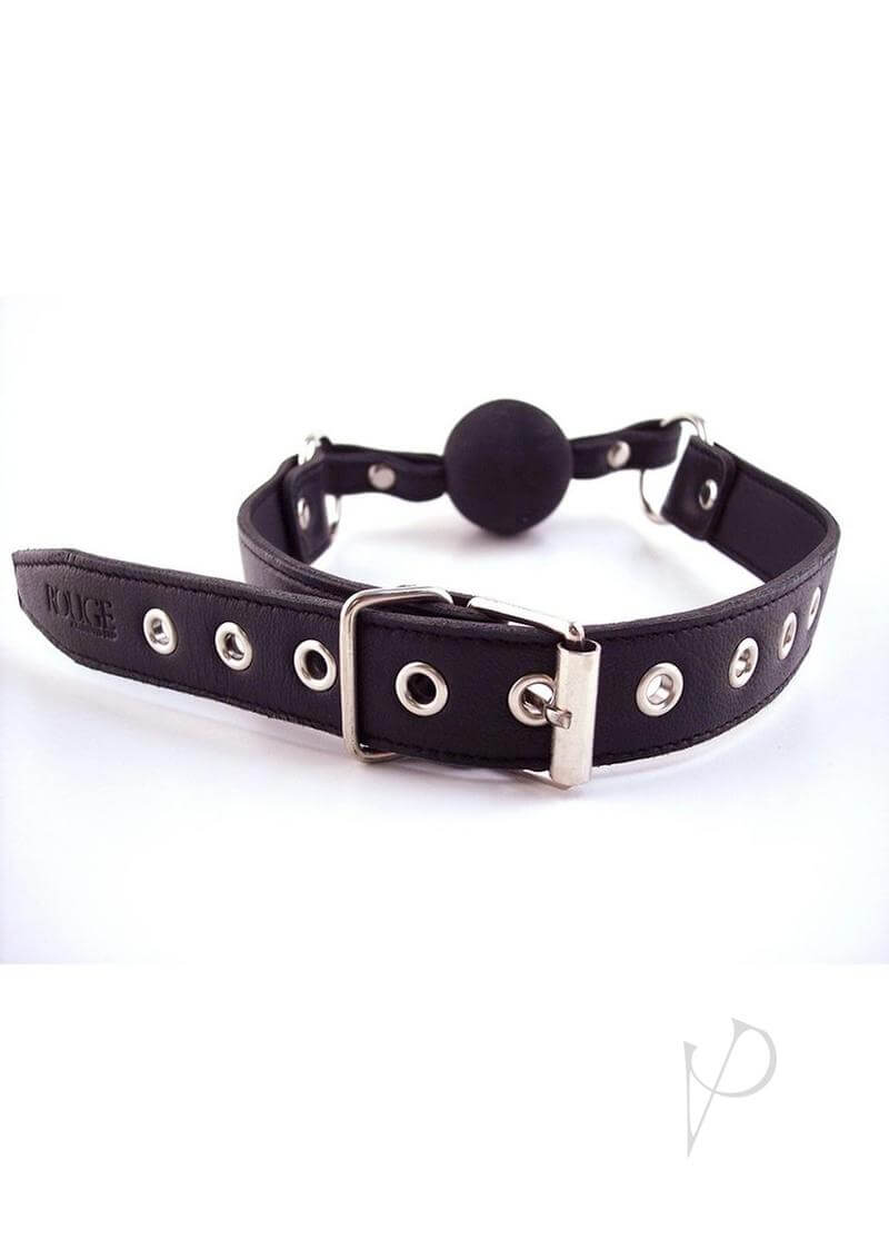 Rouge Fetish Play Leather Adjustable Ball Gag Black with rubber ball and adjustable strap.