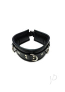 Rouge 3 D Ring Padded Leather Adjustable Collar Black with silver studs and D-rings for bondage play.