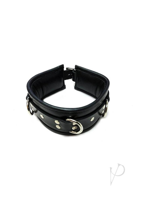 Rouge 3 D Ring Padded Leather Adjustable Collar Black with silver studs and D-rings for bondage play.