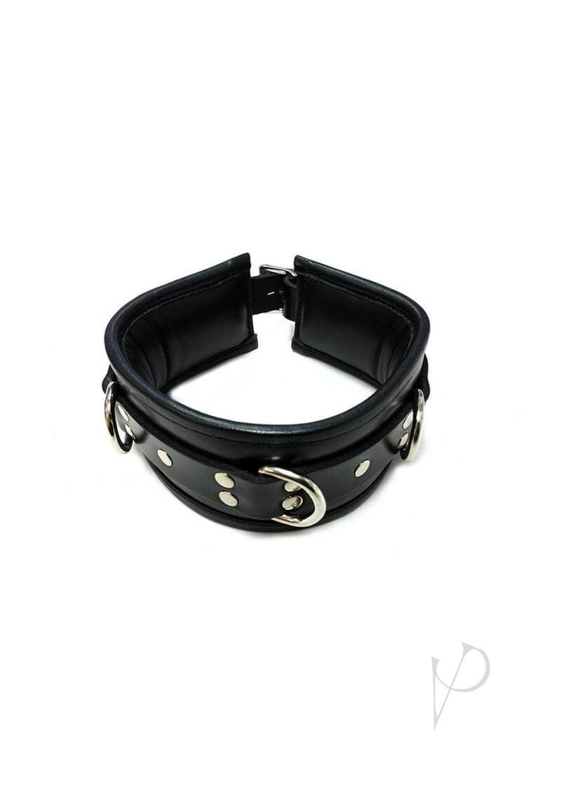 Rouge 3 D Ring Padded Leather Adjustable Collar Black with silver studs and D-rings for bondage play.