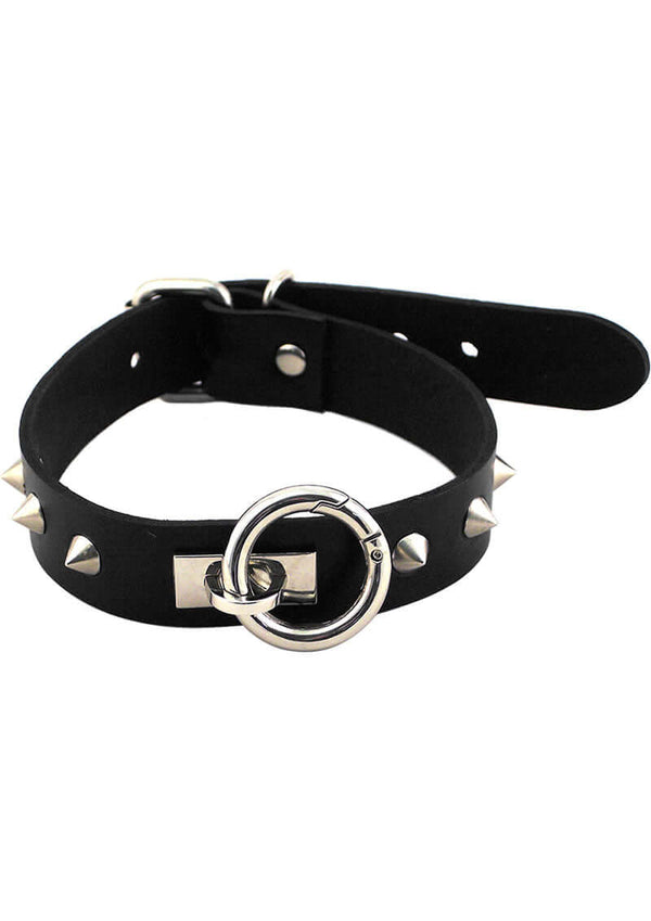 Rouge O Ring Studded Adjustable Leather Collar Black with silver studs and O ring design.