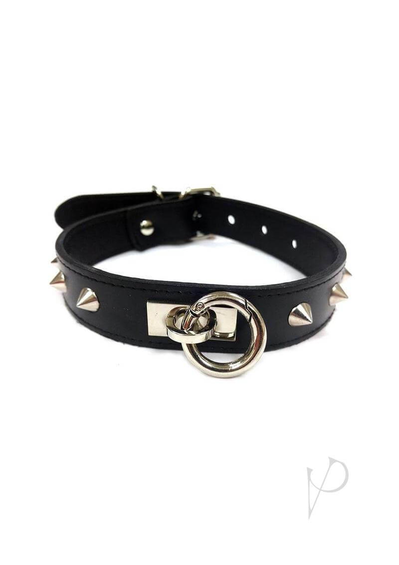 Rouge O Ring Studded Adjustable Leather Collar Black featuring spikes and a metallic O ring.
