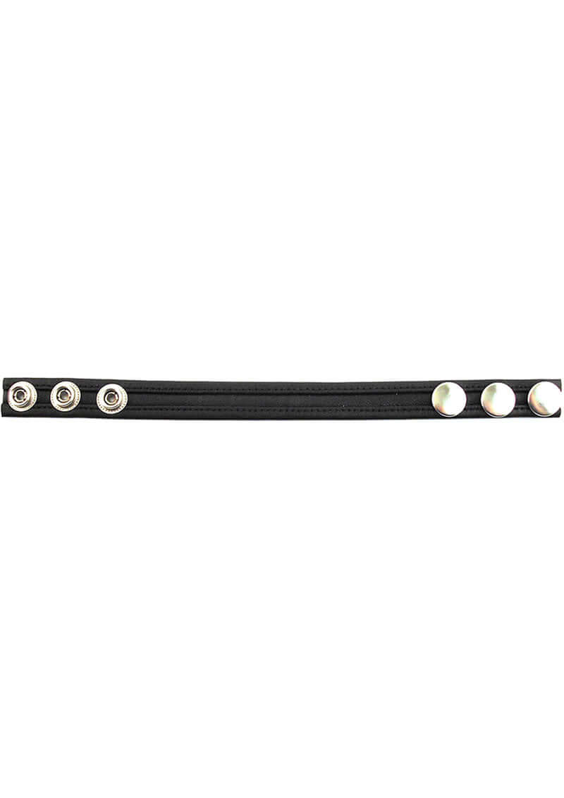 Rouge Leather Adjustable Cock Strap Black in sleek black leather with metal snaps for secure fit.