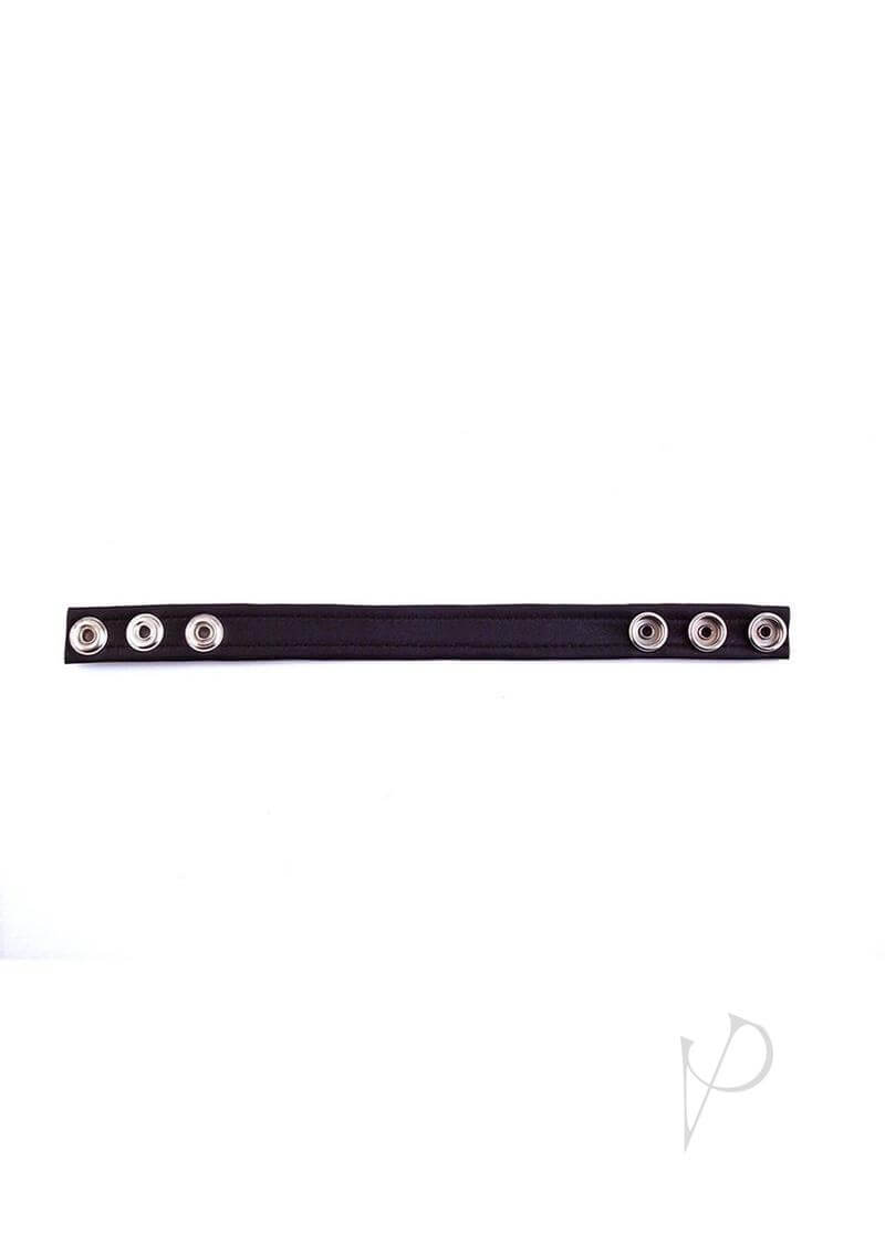 Rouge Leather Adjustable Cock Strap Black shown from the front with snap buttons in a clean design.