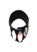 Rouge Leather Adjustable Cock Strap Black and Red with silver accents in a close-up view.
