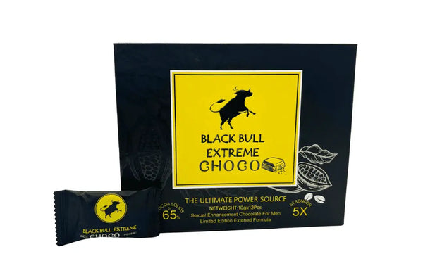 Black Bull Extreme Choco box and individual chocolate for male sexual enhancement and performance.