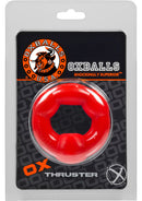 Oxballs Thruster Cock Ring Red in packaging showcasing its stretchy design and vibrant color.