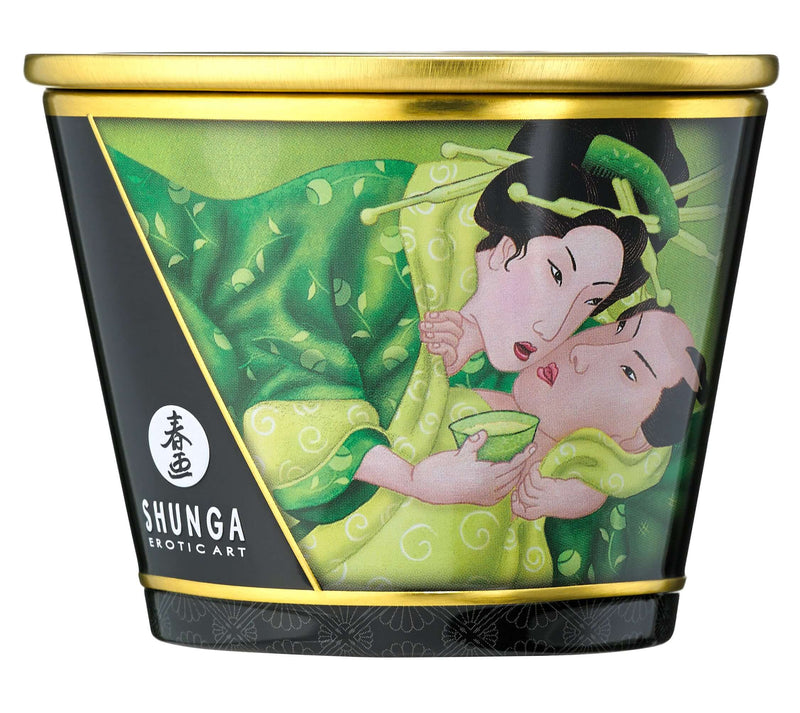 Shunga Erotic Art Green Tea Massage Candle with sensual packaging design