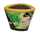 Shunga Erotic Art Green Tea Massage Candle, soy-based with natural oils, elegant packaging design for sensual massage experience.