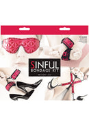 Sinful Bondage Vinyl Kit (Set of 4) Pink, featuring blindfold, wrist cuffs, ankle cuffs, and hogtie connector.