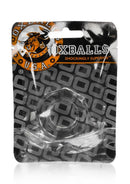 Oxballs Atomic Jock Humpballs Cock Ring Clear in packaging, showcasing its transparent design and branding.