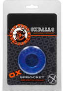 Oxballs Atomic Jock Sprocket 2.8 Inch Cock Ring Blue packaging with logo and product details.