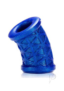 Oxballs Morph Curved Silicone Ball Stretcher Blue showcasing its thick, squishy, glittery blue silicone design.