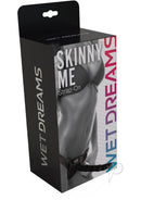 Wet Dreams Skinny Me 7 Inch Strap-On Black packaging showcasing design and features for strap-on play.