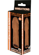 Skinsations Husky Lover 6.5 Inch Extension Sleeve Caramel packaging featuring realistic design and scrotum strap.