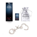Fifty Shades You Are Mine Metal Handcuff in packaging, featuring cuffs, card, and silk pouch for bondage exploration.