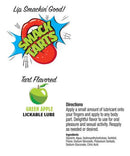 Smack Tarts Lickable Lube Sour Green Apple 2 Oz packaging featuring tart flavored green apple lube directions and ingredients.