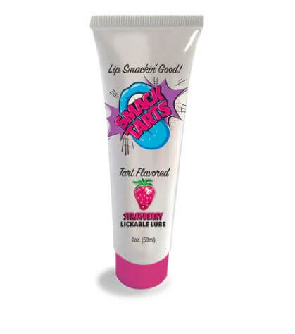 Smack Tarts Lickable Lube Sour Strawberry 2 Oz tube packaging with strawberry graphics and playful text.