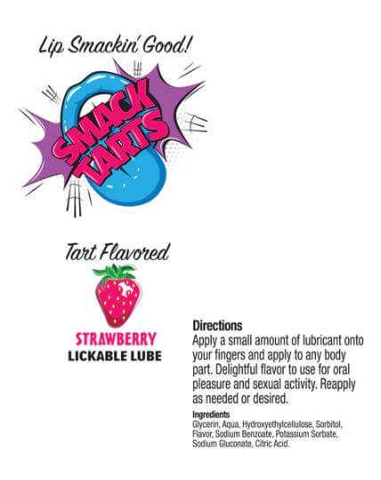 Smack Tarts Lickable Lube Sour Strawberry 2 Oz label showing product details and usage instructions.