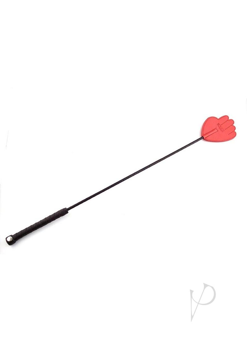 Rouge Fifty Times Hotter Leather Hand Riding Crop Red showcasing a hand-shaped spanking flap on a sleek black shaft.