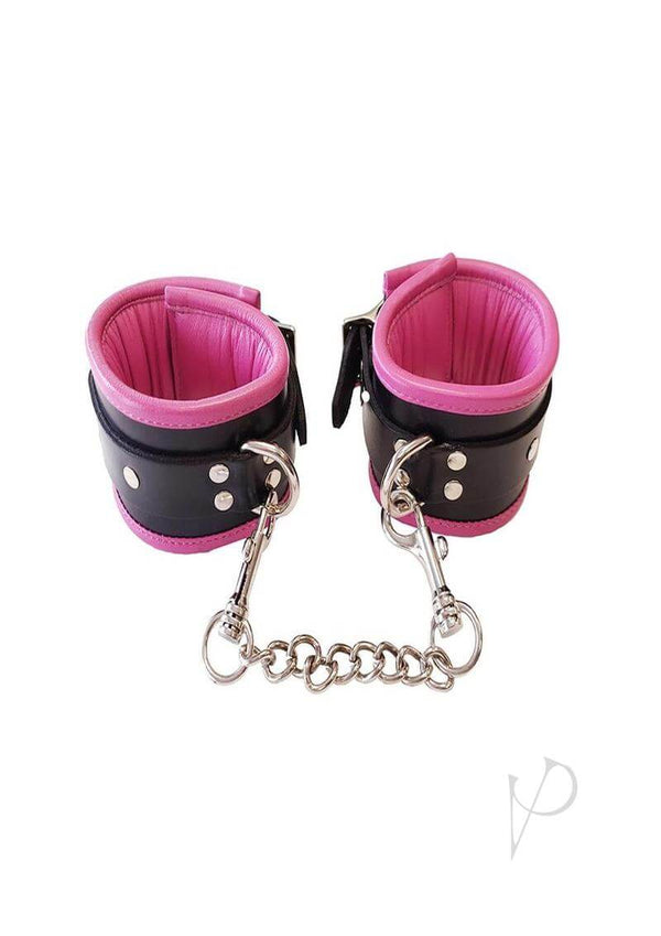 Rouge Padded Leather Adjustable Wrist Cuffs Black and Pink with silver chain connection and padded interior.