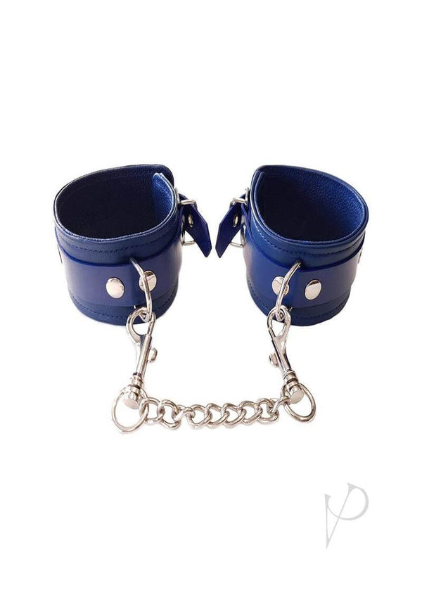 Rouge Plain Leather Adjustable Wrist Cuffs Blue with silver chain and buckle detail.