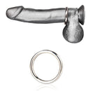 Blue Line Men 1.5 Inch Steel Cock Ring next to a realistic silicone dildo, showcasing a sleek design.