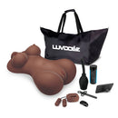 Luv Dollz Remote Control Fuck Buddy Masturbator Mocha with accessories including bag and maintenance tools.
