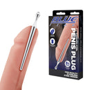 Blue Line 3.5 Inch Stainless Steel Penis Plug held next to packaging, showcasing its sleek design and polished finish.