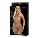 Electric Lingerie Fishnet Halter Mini Dress One Size packaging featuring sexy model in bold fishnet design.
