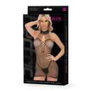 Electric Lingerie Enchanted Lace Fishnet Mini Dress Black packaging showing the bold design and sensual appeal of the dress.