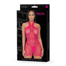 Electric Lingerie Electric Pink Mesh Halter Dress packaging showcasing a bold, see-through design that flatters the figure.