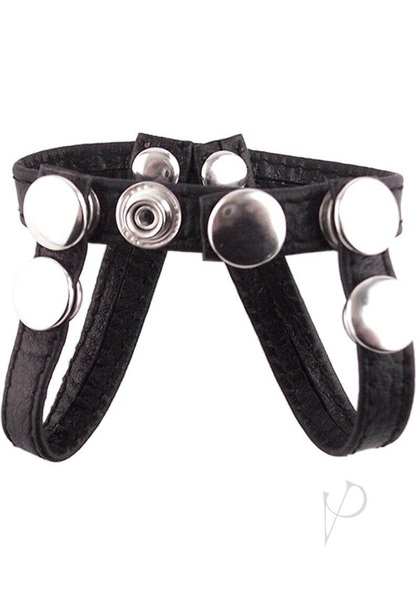 Rouge Arab Strap Leather Cock and Balls Strap Black featuring silver studs and adjustable design for BDSM play.