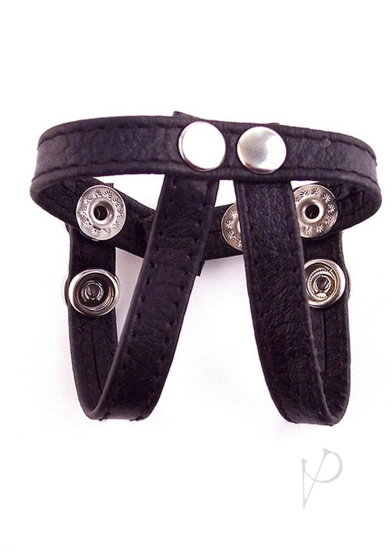 Rouge Arab Strap Leather Cock and Balls Strap Black displayed from the side showing its design and fasteners.
