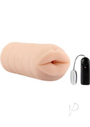 Hustler Barely Legal Vibrating Mouth Stroker Vanilla with removable bullet and wired remote for enhanced pleasure.