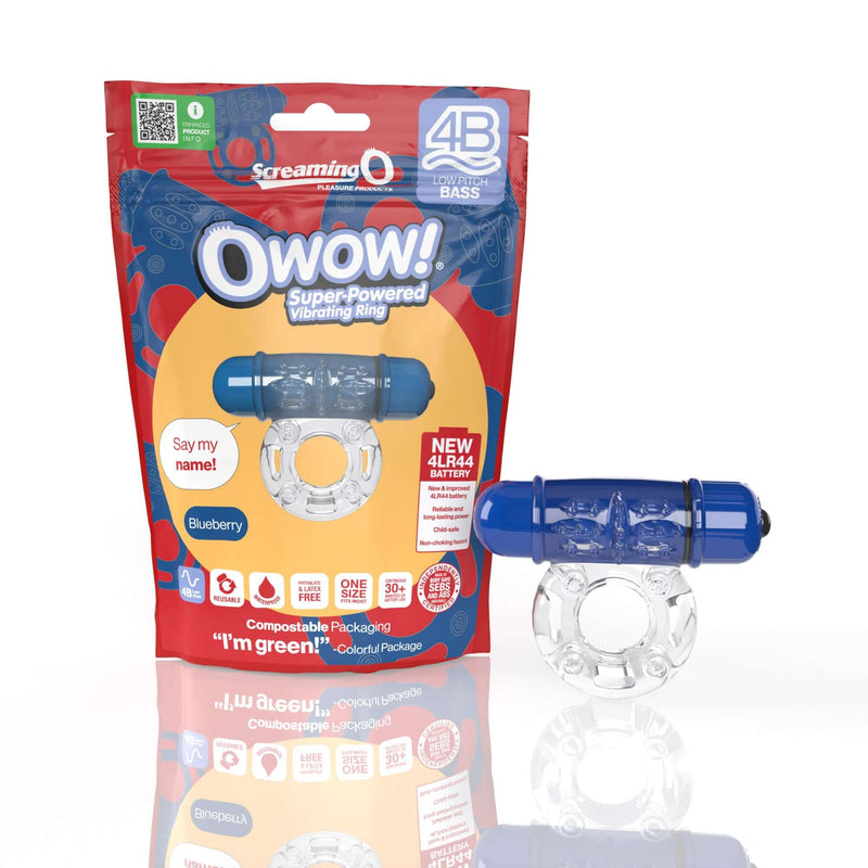 Screaming O 4B OWOW Blueberry vibrating ring with eco-friendly packaging and waterproof features.