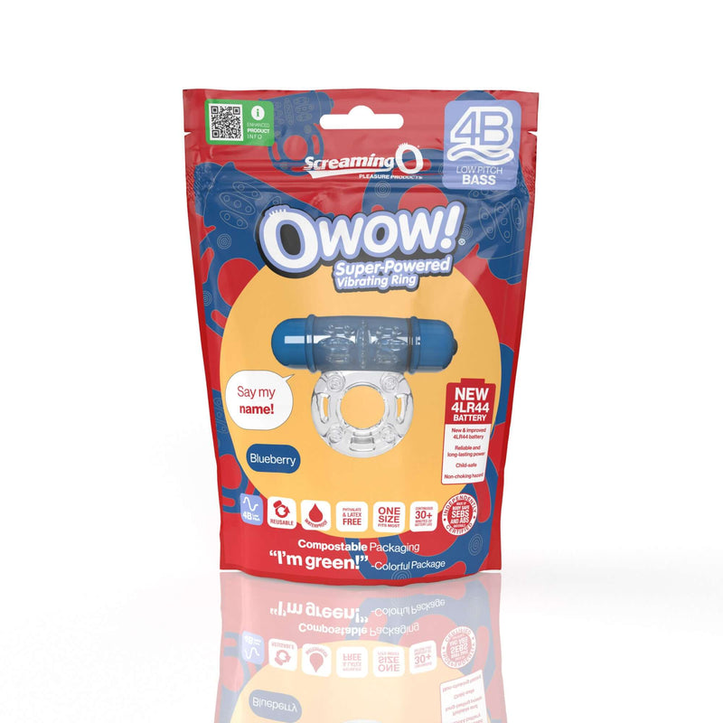 Screaming O 4B OWOW Blueberry vibrating ring in eco-friendly packaging, featuring deep bass vibration and 5 speed settings.