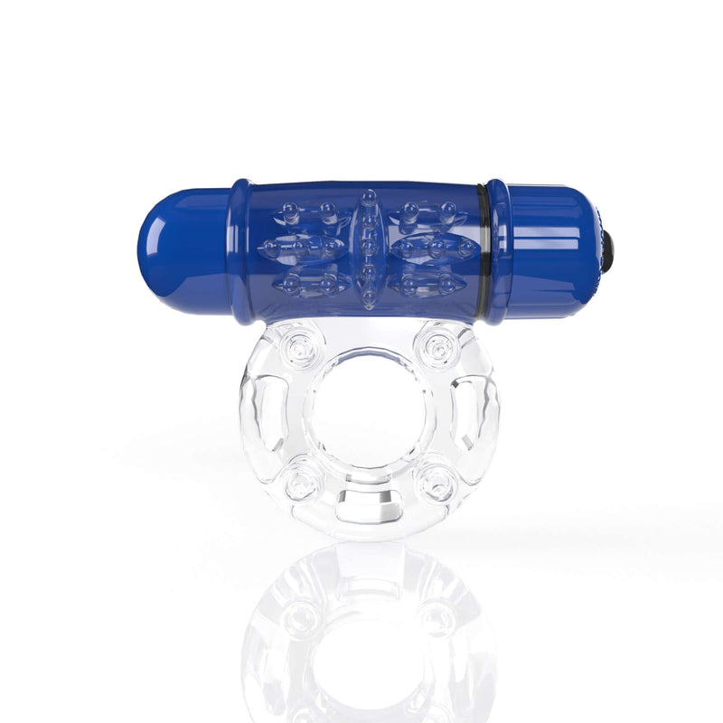 Screaming O 4B O Wow Vibrating Ring in blueberry with clear base, featuring deep bass vibrations and waterproof design.