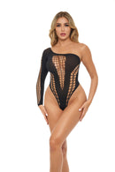 Pink Lipstick Dollar Sign Bodysuit One Size Black modeled on a model showcasing open hole patterns and asymmetrical design.