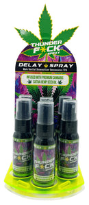 Thunder F*Ck Male Climax Control Spray Six Bottle Display for longer intimate moments, featuring benzocaine and hemp seed oil.